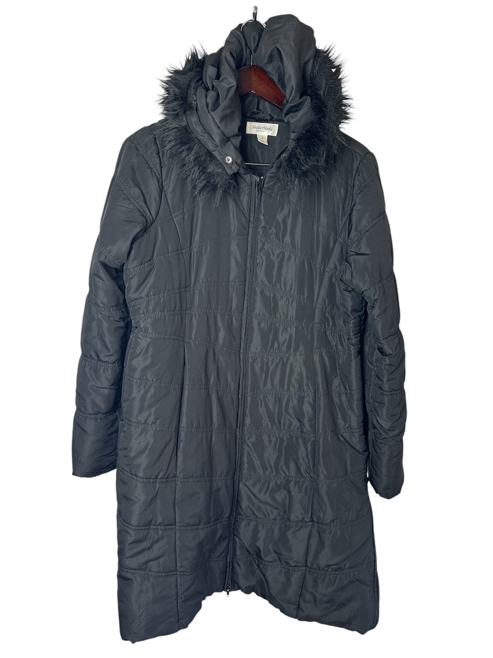Motherhood Maternity Black Long Hooded Puffer Coat with Faux-Fur Trim